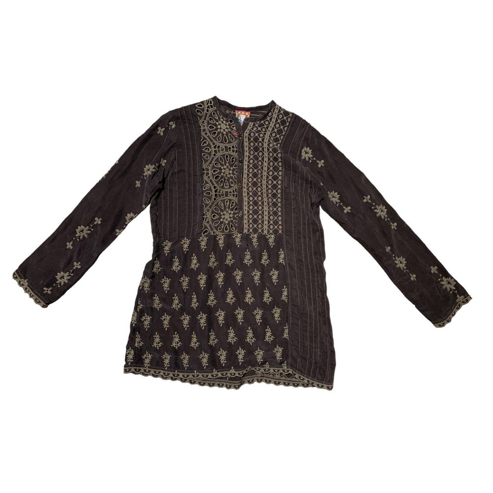 Johnny Was, Women's Brown Floral Embroidered Long Sleeve Blouse, Small, Used